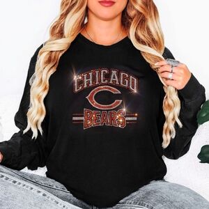 New Chicago Bears Black Long Sleeve  Unisex Tshirt S-XL Rhinestone